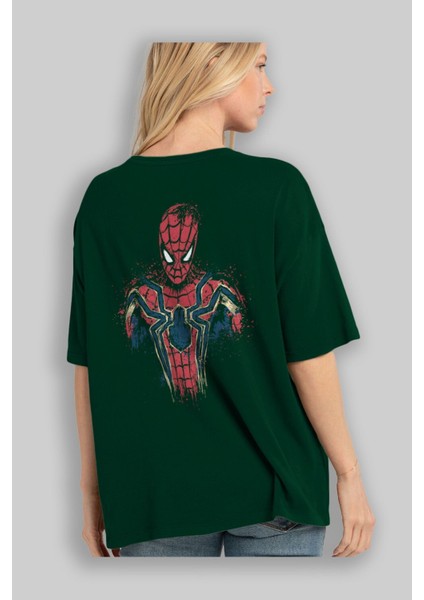 Spiderman (9) Arka Baskılı Zümrüt Yeşili Oversize T-Shirt Bisiklet Yaka Erkek Kadın fırsatları