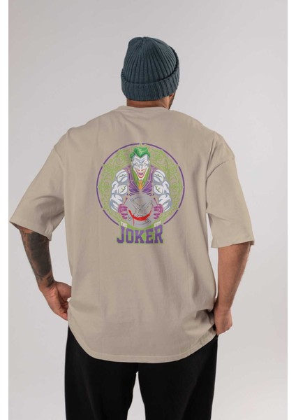 Joker Gym Arka Baskılı Bej Oversize T-Shirt Bisiklet Yaka Pamuk Erkek Kadın
