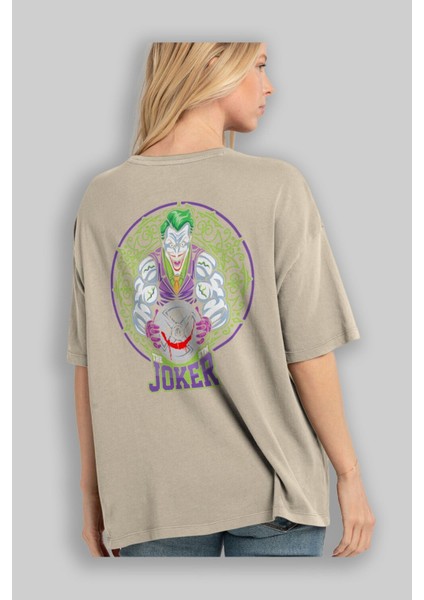 Joker Gym Arka Baskılı Bej Oversize T-Shirt Bisiklet Yaka Pamuk Erkek Kadın modelleri
