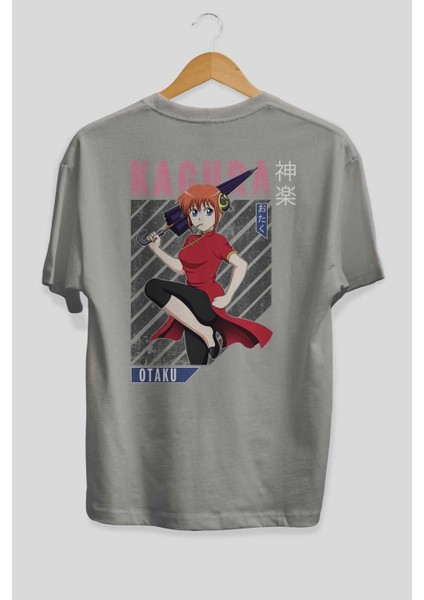 Kagura Gıntama 1 Anime Arka Baskılı Gri Oversize T-Shirt %100 Pamuk Erkek Kadın fiyatları