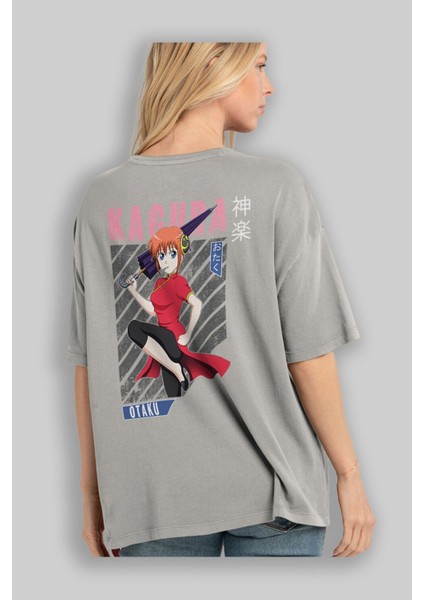 Kagura Gıntama 1 Anime Arka Baskılı Gri Oversize T-Shirt %100 Pamuk Erkek Kadın modelleri