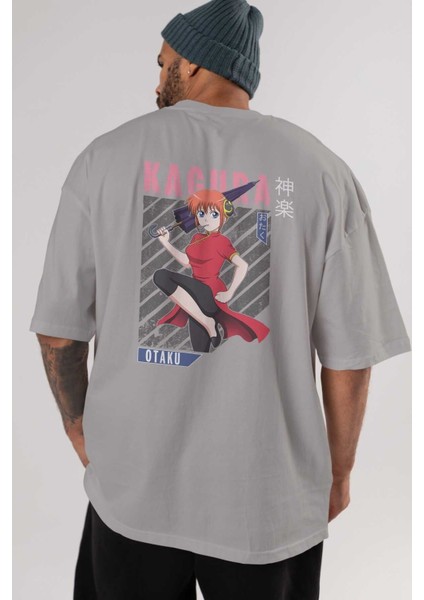 Kagura Gıntama 1 Anime Arka Baskılı Gri Oversize T-Shirt %100 Pamuk Erkek Kadın indirimleri