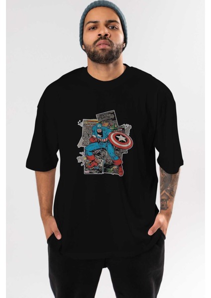 Captain America (2) Ön Baskılı Siyah Oversize T-Shirt Bisiklet Yaka Erkek Kadın