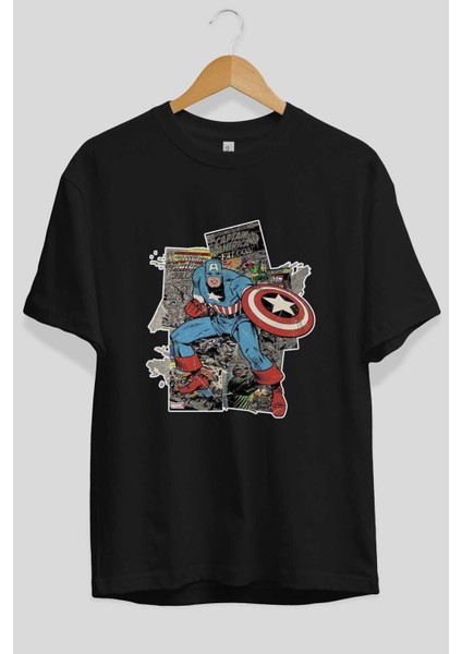 Captain America (2) Ön Baskılı Siyah Oversize T-Shirt Bisiklet Yaka Erkek Kadın