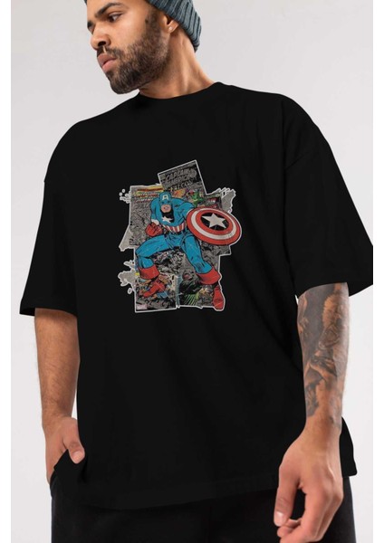 Captain America (2) Ön Baskılı Siyah Oversize T-Shirt Bisiklet Yaka Erkek Kadın