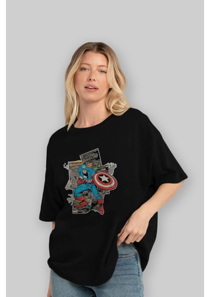 Captain America (2) Ön Baskılı Siyah Oversize T-Shirt Bisiklet Yaka Erkek Kadın