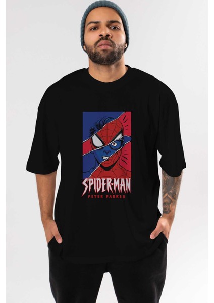 Spiderman (13) Ön Baskılı Siyah Oversize T-Shirt Bisiklet Yaka Erkek Kadın