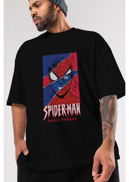 Spiderman (13) Ön Baskılı Siyah Oversize T-Shirt Bisiklet Yaka Erkek Kadın modelleri