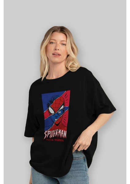 Spiderman (13) Ön Baskılı Siyah Oversize T-Shirt Bisiklet Yaka Erkek Kadın fırsatları