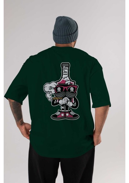 Vodka Bottle Arka Baskılı Zümrüt Yeşili Oversize T-Shirt Erkek Kadın Bisiklet Yaka