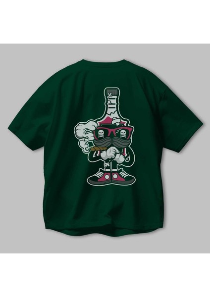 Vodka Bottle Arka Baskılı Zümrüt Yeşili Oversize T-Shirt Erkek Kadın Bisiklet Yaka modelleri