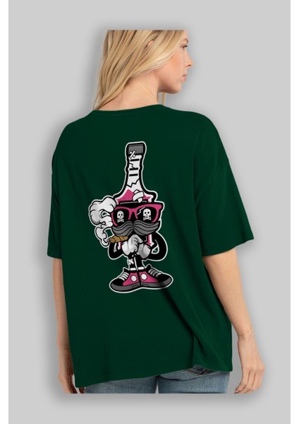 Vodka Bottle Arka Baskılı Zümrüt Yeşili Oversize T-Shirt Erkek Kadın Bisiklet Yaka fırsatları