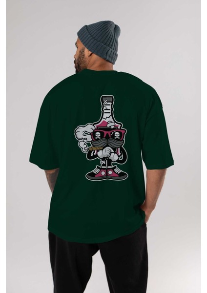 Vodka Bottle Arka Baskılı Zümrüt Yeşili Oversize T-Shirt Erkek Kadın Bisiklet Yaka indirimleri