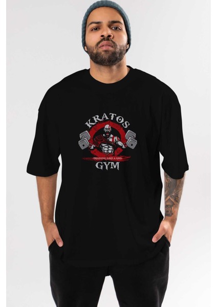 Kratos Gym Ön Baskılı Siyah Oversize T-Shirt Bisiklet Yaka Erkek Kadın