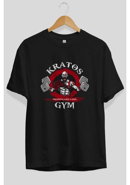 Kratos Gym Ön Baskılı Siyah Oversize T-Shirt Bisiklet Yaka Erkek Kadın fiyatları