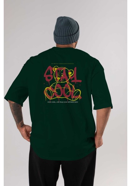 Teddy Bear Stay Cool 2 Arka Baskılı Zümrüt Yeşili Oversize T-Shirt Erkek Kadın Bisiklet Yaka