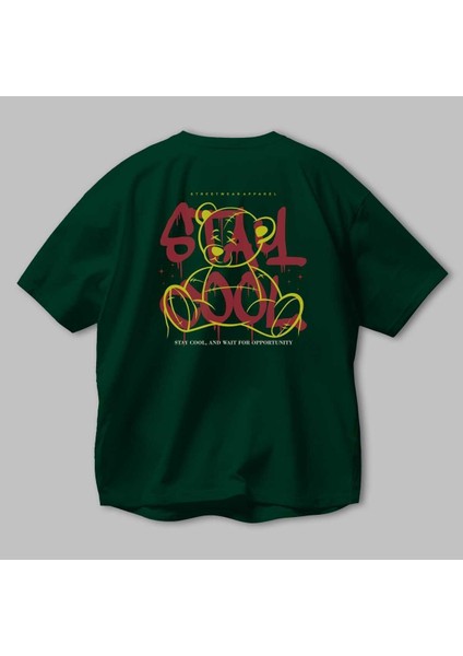 Teddy Bear Stay Cool 2 Arka Baskılı Zümrüt Yeşili Oversize T-Shirt Erkek Kadın Bisiklet Yaka modelleri