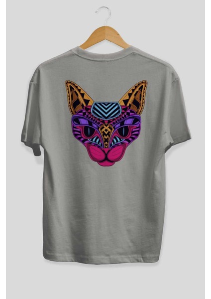 Black Neon Cat Arka Baskılı Gri Oversize T-Shirt Unisex Erkek Kadın Bisiklet Yaka fiyatları