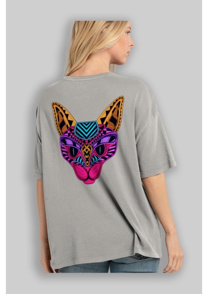 Black Neon Cat Arka Baskılı Gri Oversize T-Shirt Unisex Erkek Kadın Bisiklet Yaka modelleri