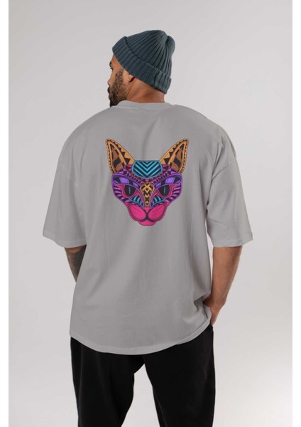 Black Neon Cat Arka Baskılı Gri Oversize T-Shirt Unisex Erkek Kadın Bisiklet Yaka fırsatları