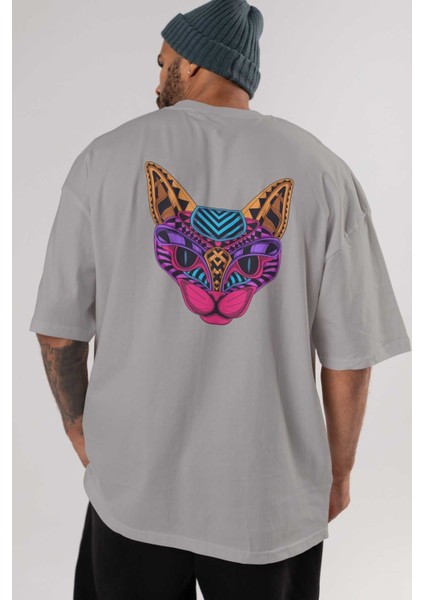 Black Neon Cat Arka Baskılı Gri Oversize T-Shirt Unisex Erkek Kadın Bisiklet Yaka indirimleri