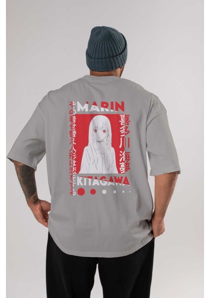Marın Kıtagawa Anime Arka Baskılı Gri Oversize T-Shirt %100 Pamuk Erkek Kadın