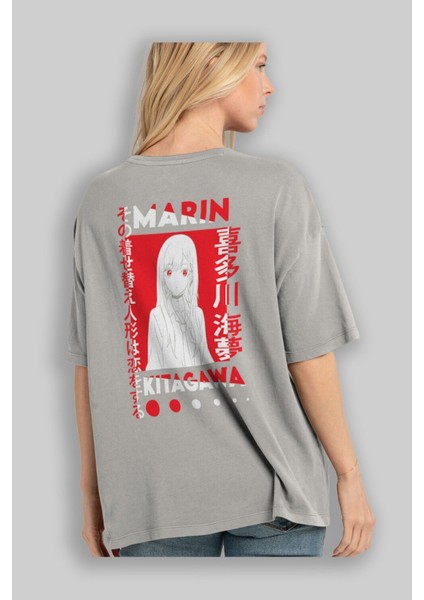 Marın Kıtagawa Anime Arka Baskılı Gri Oversize T-Shirt %100 Pamuk Erkek Kadın modelleri