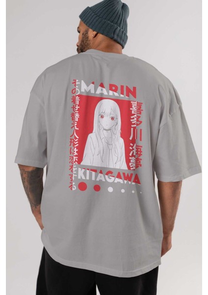 Marın Kıtagawa Anime Arka Baskılı Gri Oversize T-Shirt %100 Pamuk Erkek Kadın indirimleri