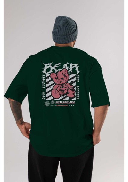 Bear Sadness Arka Baskılı Zümrüt Yeşili Oversize T-Shirt Unisex Erkek Kadın Bisiklet Yaka