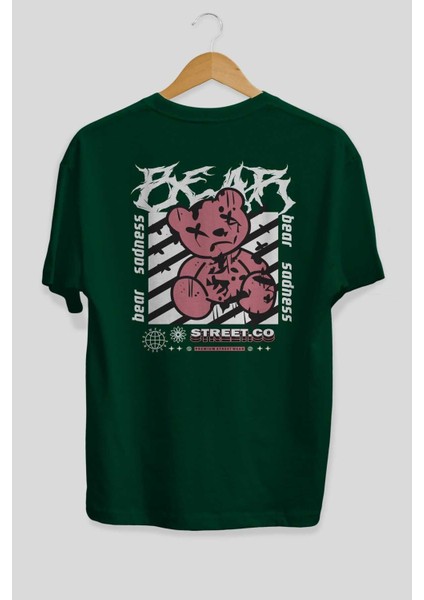 Bear Sadness Arka Baskılı Zümrüt Yeşili Oversize T-Shirt Unisex Erkek Kadın Bisiklet Yaka fiyatları