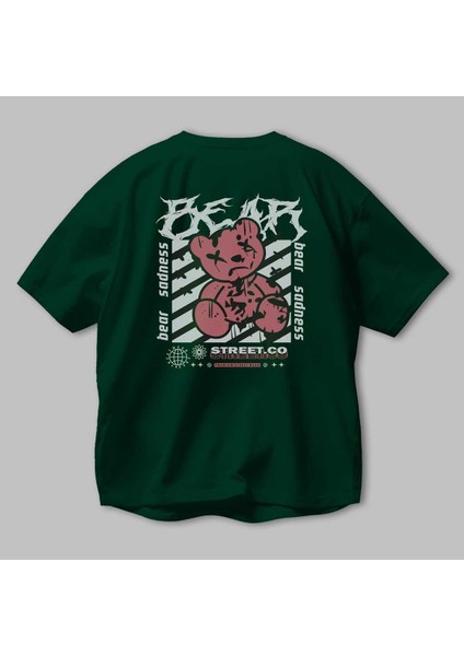 Bear Sadness Arka Baskılı Zümrüt Yeşili Oversize T-Shirt Unisex Erkek Kadın Bisiklet Yaka modelleri