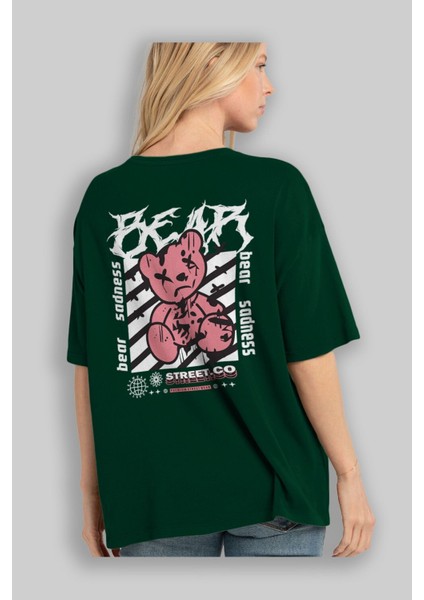 Bear Sadness Arka Baskılı Zümrüt Yeşili Oversize T-Shirt Unisex Erkek Kadın Bisiklet Yaka fırsatları