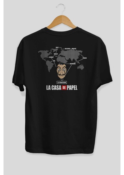 La Casa De Papel Arka Baskılı Siyah Oversize T-Shirt Bisiklet Yaka Pamuk Erkek Kadın