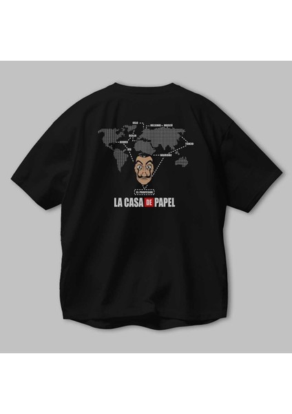 La Casa De Papel Arka Baskılı Siyah Oversize T-Shirt Bisiklet Yaka Pamuk Erkek Kadın