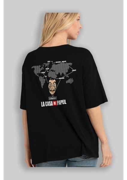 La Casa De Papel Arka Baskılı Siyah Oversize T-Shirt Bisiklet Yaka Pamuk Erkek Kadın