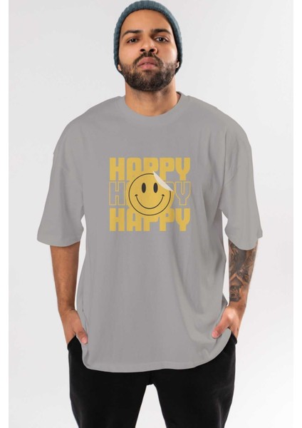 Happy Smile Yazılı Ön Baskılı Gri Oversize T-Shirt Unisex Erkek Kadın Bisiklet Yaka