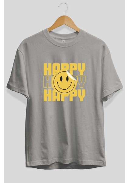 Happy Smile Yazılı Ön Baskılı Gri Oversize T-Shirt Unisex Erkek Kadın Bisiklet Yaka fiyatları