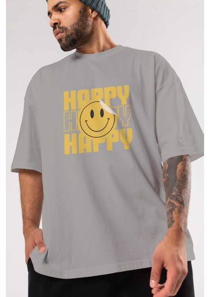 Happy Smile Yazılı Ön Baskılı Gri Oversize T-Shirt Unisex Erkek Kadın Bisiklet Yaka modelleri