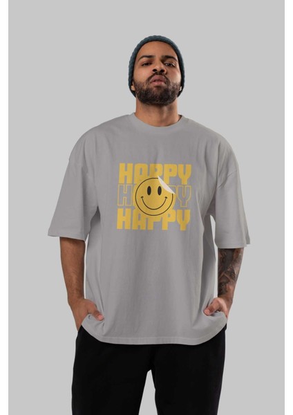Happy Smile Yazılı Ön Baskılı Gri Oversize T-Shirt Unisex Erkek Kadın Bisiklet Yaka indirimleri