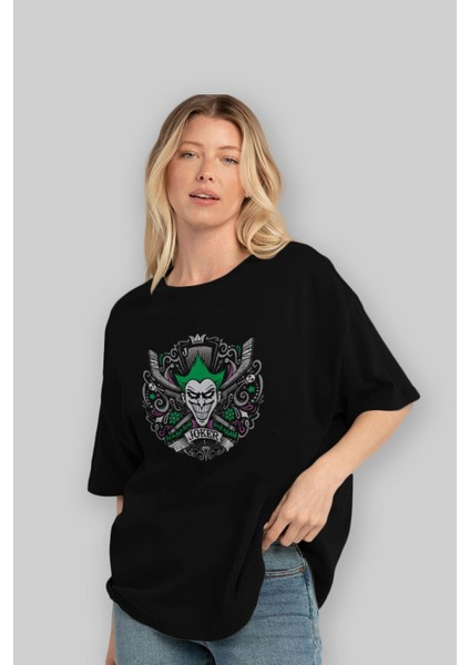 Joker (2) Ön Baskılı Siyah Oversize T-Shirt Bisiklet Yaka Erkek Kadın fırsatları