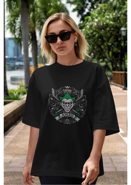 Joker (2) Ön Baskılı Siyah Oversize T-Shirt Bisiklet Yaka Erkek Kadın indirimleri