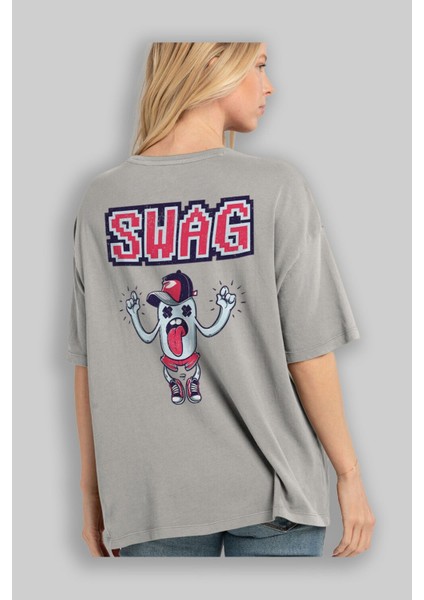 Swag Arka Baskılı Gri Oversize T-Shirt Unisex Erkek Kadın Bisiklet Yaka modelleri