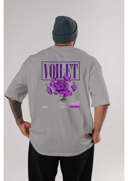 Voilet Broken Arka Baskılı Gri Oversize T-Shirt Unisex Erkek Kadın Bisiklet Yaka