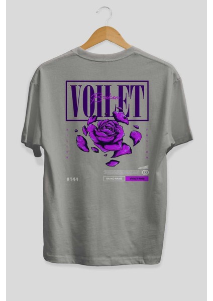 Voilet Broken Arka Baskılı Gri Oversize T-Shirt Unisex Erkek Kadın Bisiklet Yaka fiyatları