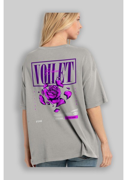 Voilet Broken Arka Baskılı Gri Oversize T-Shirt Unisex Erkek Kadın Bisiklet Yaka modelleri