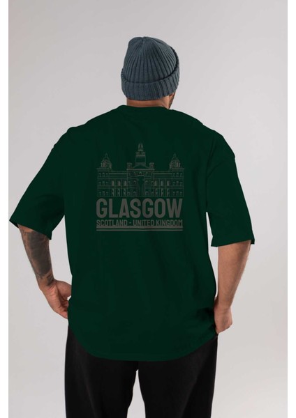 Glasgow Arka Baskılı Zümrüt Yeşili Oversize T-Shirt Unisex Erkek Kadın Bisiklet Yaka