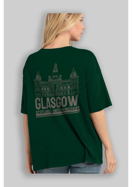 Glasgow Arka Baskılı Zümrüt Yeşili Oversize T-Shirt Unisex Erkek Kadın Bisiklet Yaka fırsatları