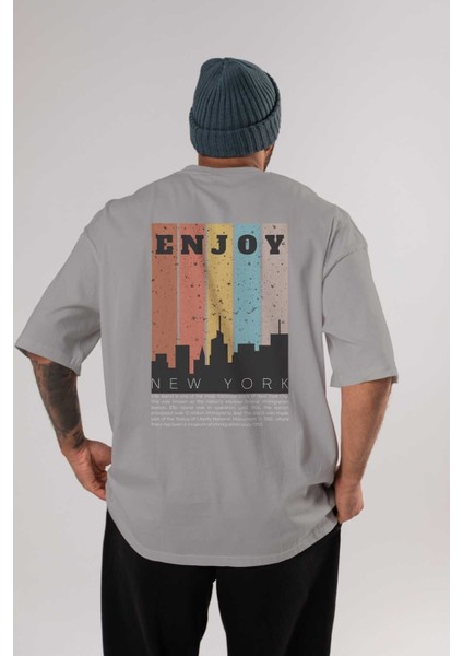 Enjoy New York Yazılı Arka Baskılı Gri Oversize T-Shirt Unisex Erkek Kadın Bisiklet Yaka
