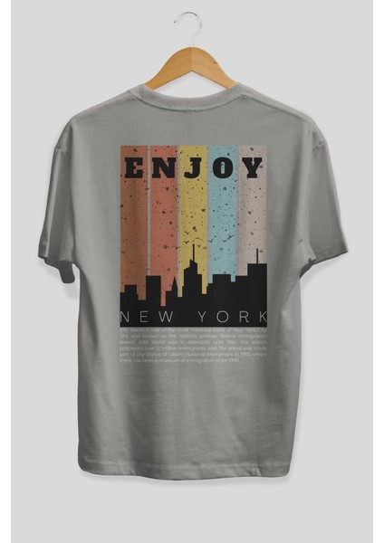 Enjoy New York Yazılı Arka Baskılı Gri Oversize T-Shirt Unisex Erkek Kadın Bisiklet Yaka fiyatları