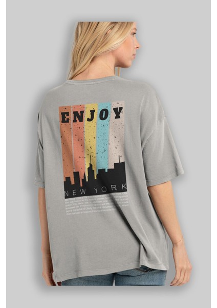 Enjoy New York Yazılı Arka Baskılı Gri Oversize T-Shirt Unisex Erkek Kadın Bisiklet Yaka modelleri